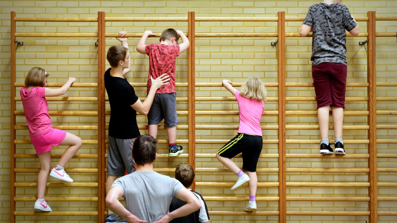 Kinderen klimmen in het klimrek